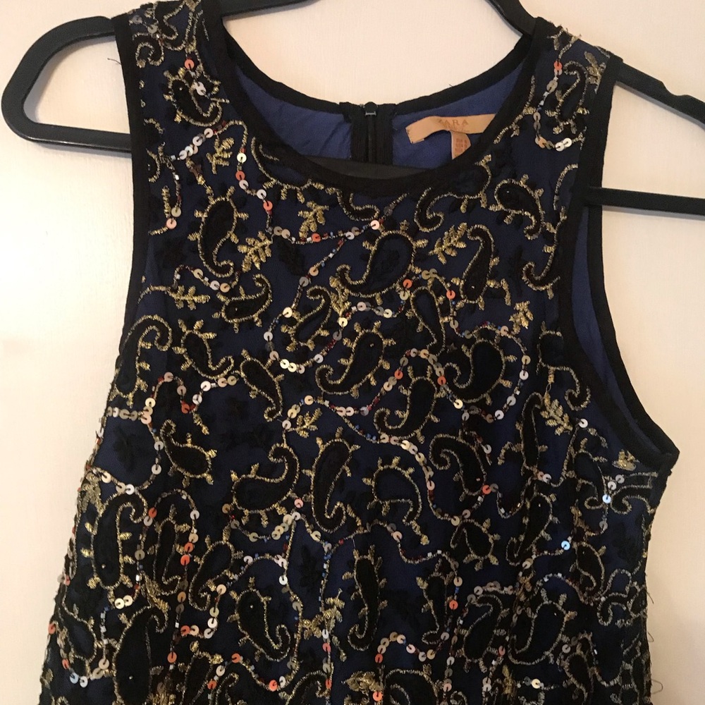 Zara Navy Blue & Gold Sequence Cocktail Dress - Size 8